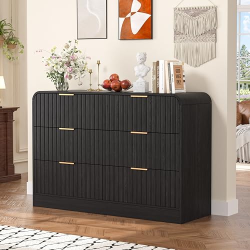 Yardenaler 47' W x 16' D x 32' H 6 Drawers Wooden Dresser, Fluted Storage Dresser Cabinet with Anti-toppling Device & Curved Edges, Tall Chest Organizer Unit for Living Room, Entryway, Black