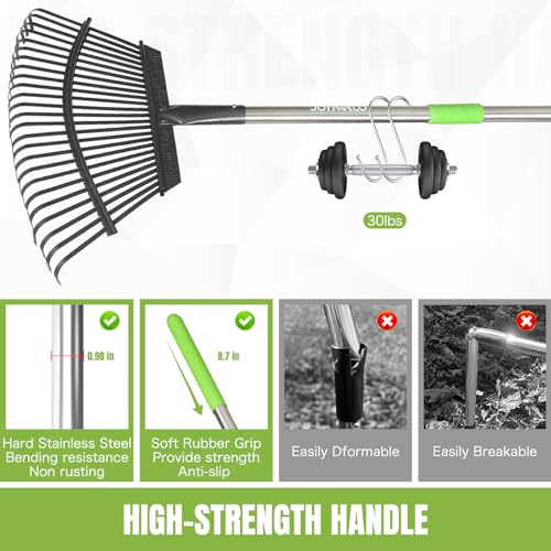 Joyhalo Rake for Leaves Adjustable 65 Inch Long, 18 Inch Wide Garden Rake with 25 Tines, Metal Leaf Rakes, Rakes for Lawns, Gathering Leaves, Weeds,