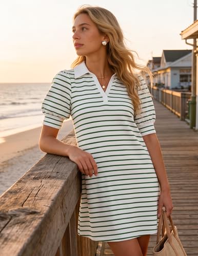 Image of ZESICA Womens Summer Striped T Shirt Mini Dresses 2026 Casual Lapel V Neck Short Sleeve Flowy A Line Beach Vacation Dress
