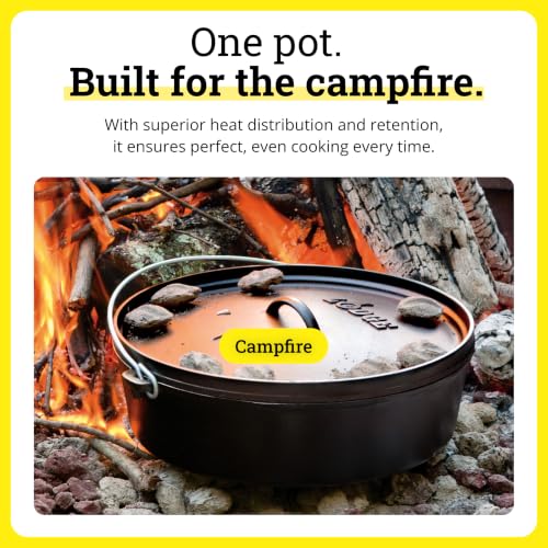 Image of Lodge Seasoned Cast Iron Camp Dutch Oven with Lid - 10 Quart - Dual Handles - Seasoned Cast Iron Cookware with Steel Handle & Strong Lid for Heavy- Duty Camping Cookware