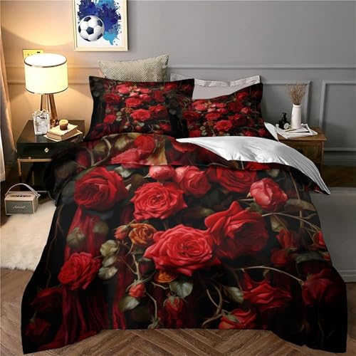 Housse de couette roses rouges 135x200 microfibre avec taie d'oreiller lit simple
