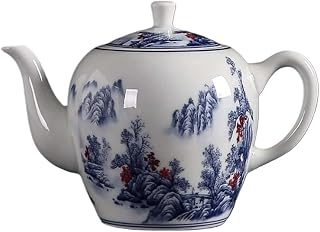 tetera vintage, tetera de cerámica, Tetera de porcelana azul y blanca de gran capacidad pintada a mano de Jingdezhen, China, tetera con flores y cafetera.(Blue)