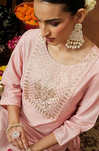 Image of Janasya Women's Light Pink Chanderi Silk Yoke Embroidered Straight Kurta