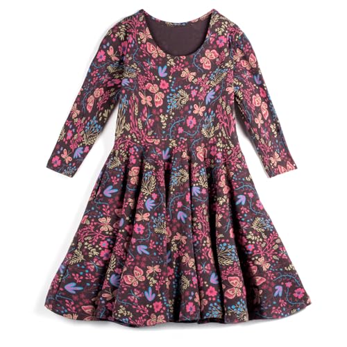 Mightly Girls' 3/4 Sleeve Skater Dress | Organic Cotton Fair Trade Certified Toddler and Kids Clothes, Flowers Child, 122