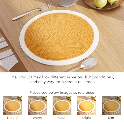 Image of Dining Table Mats Set of 2 | Cotton Table Mat 32 cm Diameter, Encasa XO Washable Round Table Mats, Heat Resistance Dining Table Placemats, Handmade Ribbed Style for Centre Table, Yellow & Off White