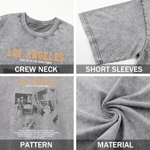 Image of Oversized Boys Graphic Tees Acid Wash Los Angeles Tshirt Youth Cotton T Shirt Crewneck Tee Kids Short Sleeve Tops