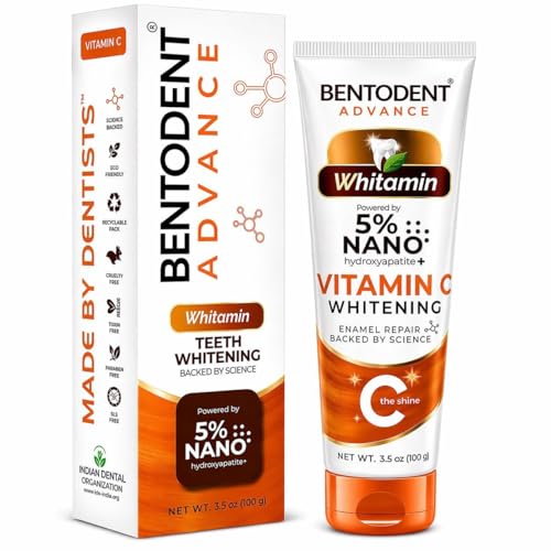 Image of BENTODENT Advance Whitamin Toothpaste, Teeth Whitening Formula - 5% Nano Hydroxyapatite, Vitamin C, SLS & Fluoride Free Toothpaste for Sensitive Care, Enamel Repair, Fresh Breath Protection (100g)