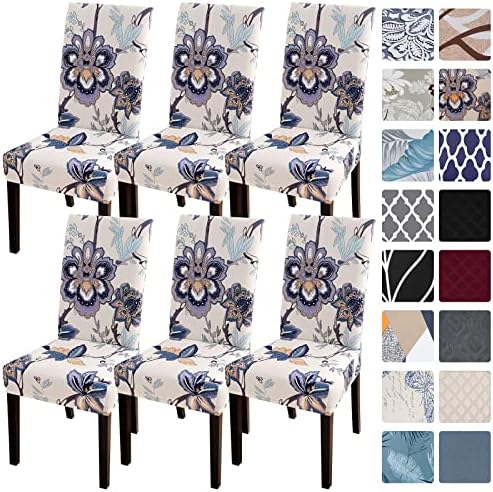 SearchI Dining Room Chair Covers Set of 6, Stretch Printed Floral Parsons Chair Slipcovers Spandex Removable Washable Kitchen Chair Protector Cover for Dining Room, Hotel, Ceremony (Beige+Flower)