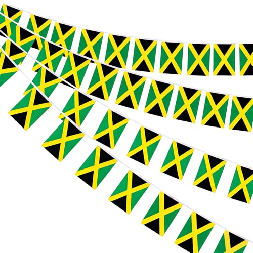 Image of AhfuLife 33 Ft Jamaica String Flags Banner for World Cup Decorations 2026, 30 Pcs Small Jamaican Buting String Flags, Double Sided for Independence Day Garden Street Sports Party Decor (5.5x8.3 Inch)