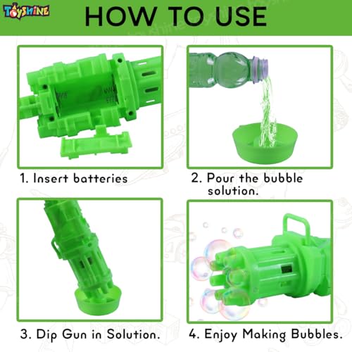 Image of Toyshine 8 Hole Electric Bubbles Gun Gatling Bubble Machine Toy with Scoup Bottle for Children Party Favors Outdoor & Indoor Activity for Boys Girls 3 Years and Above (Green)