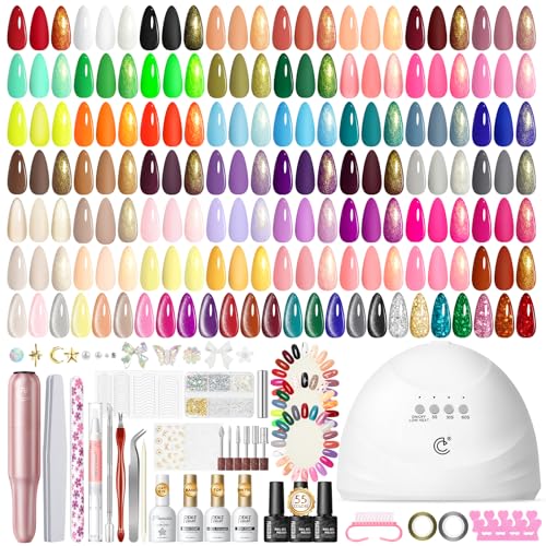Peacecolor 83Pcs Gel Nail Kit with U V Lamp and Drill 56 Colors Nail Polish Set Cat Eye Gel with Matte/Glossy Glitter Base Top Coat Soak Off Manicure Starter Kit Gifts for Women Girls