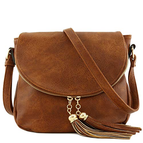 Tassel Accent Crossbody Bag with Flap Top (Tan)2