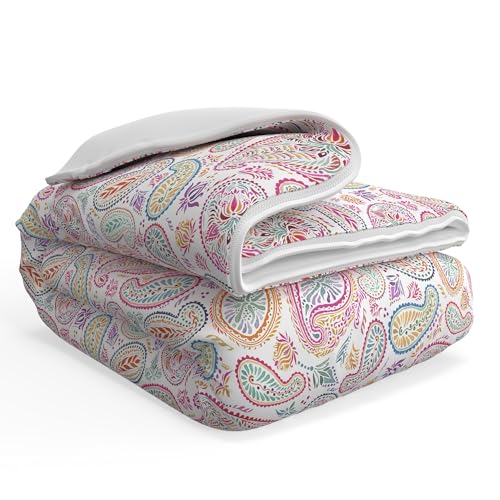 Image of QuickZip Duvet Cover with Zipper Closure - Ultra Soft Long-Staple 100% Cotton, Oeko-Tex Certified, Durable Interior Corner Ties, Corner Clips, Full /Queen, Reversible Paisley /White (Sateen)
