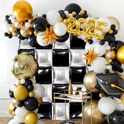 Image of TONIFUL Square Foil Balloon Wall 30pcs Black and Silver Pink Double Sided Mylar Square Balloon Garland Kit Balloons Background Arch for Checkered Racing Car Birthday New Years Decorations