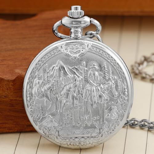 Image of Tiong Vintage Pocket Watch Engraved Cowboy Skull Wolf 3D Pattern Arabic Numerals Quartz Pocket Watch with Chain Best Gifts