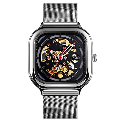 Image of SKMEI Automatic Mechanical Fashion Formal Analog Watch, Black Dial Zink Alloy Case Men's Watch, Stainless Steel Black Color Bracelet Mesh Band,30m Water-Resistant Watch for Men - 9184