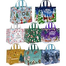AURUZA 8PCS Christmas Gift Bags with Handles - Assorted Colors & Patterns, Reusable Non-Woven Tote Bags for Holiday Gift Wrapping & Party Supplies