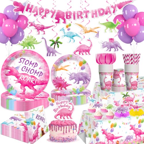 Cocomigo 181Pcs Pink Dinosaur Birthday Decorations Tableware Set 25 Serves
