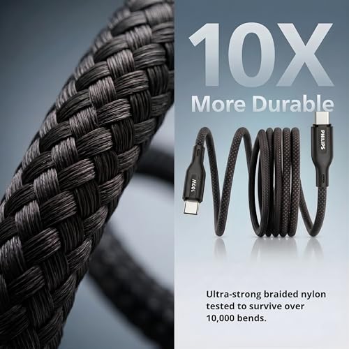 Image of PHILIPS DL7130CB /94 100W Magnetic Type-C to Type-C Fast Charging Cable (1m, Dark Slate) | Nylon Braided | Compatible with iPhone 15+ Series, USB-C iPad Models, Samsung Galaxy & All Type C Devices
