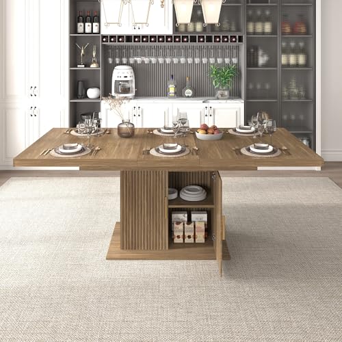 Image of 78.74 inch Extendable Dining Table for 4 6 8 10, Large Rectangular Wooden Expandable Kitchen Table with Storage, Modern Farmhouse Extendable Dining Room Table for Kitchen Dinning Room Living Room, Brown