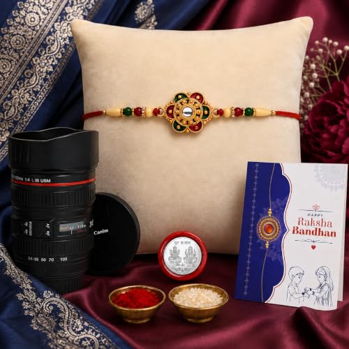 Image of DeoDap Multicolour Rakhi with Camera Lens Coffee Mug Flask, Pooja Coin, Greeting Card & Ritual Essentials - Complete Raksha Bandhan Gift Set