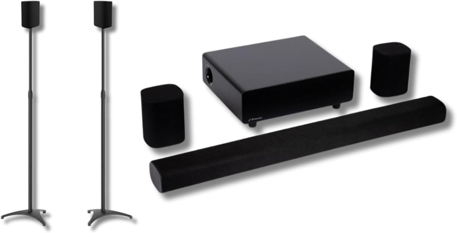 Platin Milan 5.1.4 Wireless Home Theater Soundbar System for Smart TVs – with WiSA E and 4 Up-Firing Dolby Atmos Speakers – and PERLESMITH Speaker Stands Bundle