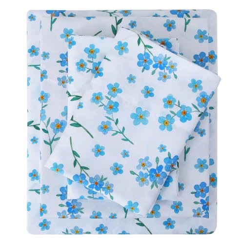 Image of Viviland Floral Full Sheet Set - 4 Piece Country Fresh Blue Flower Patterned Bed Sheets - Soft, Breathable Microfiber Sheets with Deep Pocket, Non-Slip Fitted Sheets & Pillowcases