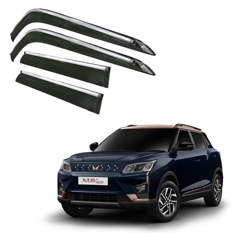 Image of CAR SAAZ Side Door Visors for XUV 400 (2023-Present)(Set of 4Pcs) | Chrome Lined Rain Guards, Polycarbonate, Smoke Finish