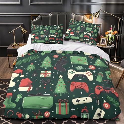 Mandos para juegos navideños Funda de Edredón Estampado 3D Juego de 3 Piezas Cierre de incluye Fundas de Almohada Antialérgica videojuego festivo Funda Edredon for Adolescentes Single（140x200cm）