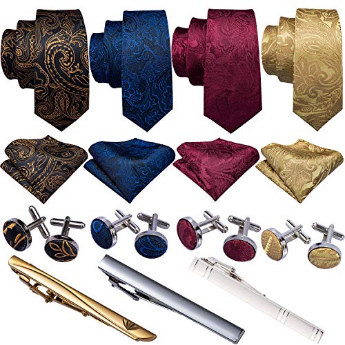 Barry.Wang Black/Gold/Blue/Red Ties for Men Set Necktie Clip and Handkerchief Cufflink Paisley
