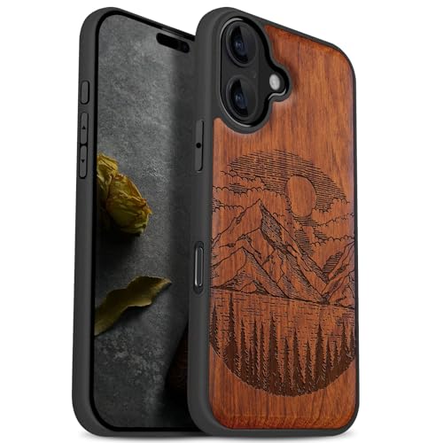 Carveit iPhone 17 ケース 木製 【天然木+TPUシリコンツーインワン】 いPhone 17 ケース MagSafe 対応 耐衝撃 滑り止め 指紋防止 耐久性 レーザーアート彫刻 アイフォン17 カバー (バラ色-魅惑的な風景画)