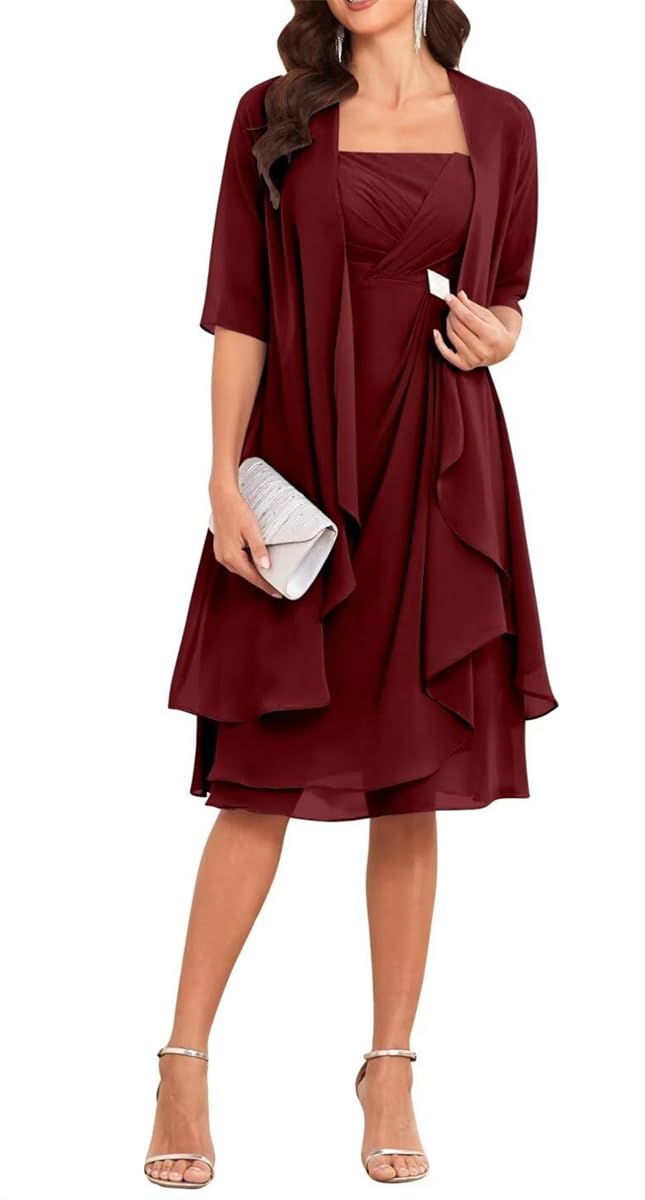 Yiann Burgundy Classy 2 Pieces Mother Of The Bride Dresses For Wedding Tea Length Chiffon Mother Groom Dresses With Sleeves Jacket Uk14