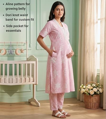 Image of DUMMY SHAPE Maternity Dresses for Women Cotton | Floral Kurta Pant Dupatta Set with Nursing Zippers, Side Pocket | Pre & Post Pregnancy | Feeding Kurti Suit | Baby Shower | Gifts for Pregnant Woman