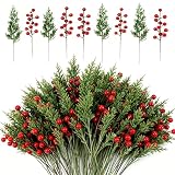 Artificial Christmas Pine Branches with Red Berry Stems-Set of 45 Greenery Stems and 15 Berry Picks for Xmas Wreaths, Garlands, Table Centerpieces, DIY Holiday Crafts, Fireplace & Home Decoration