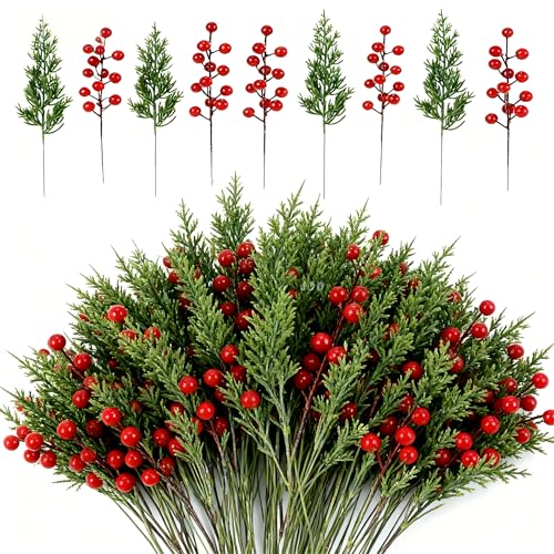 Artificial Christmas Pine Branches with Red Berry Stems-Set of 45 Greenery Stems and 15 Berry Picks for Xmas Wreaths Garlands Table Centerpieces DIY Holiday Crafts Fireplace & Home Decoration