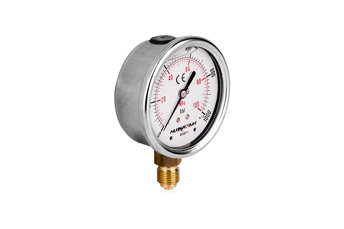 Glyzerin Gefüllt 63mm Hydraulische Druckmessgerät Manometer Glyzerin Messgerät Glycerin Manometer mit radialem Anschluss 1/4” 0-1000 BAR M63RL1/40-1000