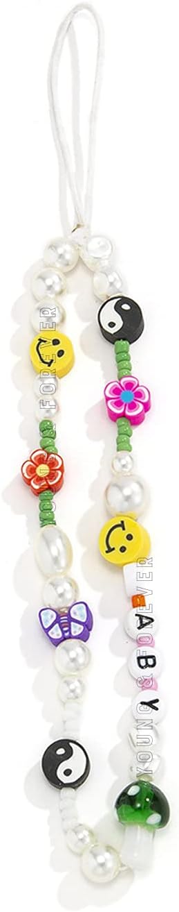 Young & Forever Gift Valentine Gift For Girlfriend Boyfriend Smiley Beaded Phone Lanyard -Yin Yang Evil Eye Heart Beaded Phone Charm Wrist Strap For Women & Girls - Gold