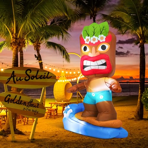 Image of Shappy 5 ft Inflatable Tiki Surfboard Decorations Luau Hawaiian Party Decorations Summer Inflatables Outdoor LED Lighted Tiki Blow up Beach Tropical Pool Surfing Yard Party Supplies Favors