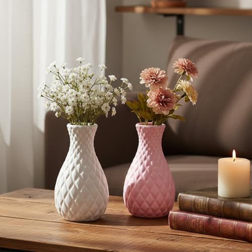 Image of TrustBasket Serenity Decorative Plastic Flower Vase Set White & Pink, Modern Table Top Accent for Living Room Bedroom Dining Office, Minimalist Home Decor, Durable Lightweight, Set of 2