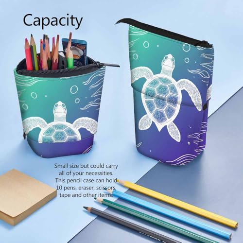 Image of Swono Turtle Pencil Pouch Marine Ocean Sea Aquatic Tortoise Line Art Style Stand Up Pencil Case Organizer Pencil Holder Makeup Bag Gift Aqua Blue