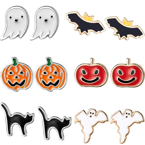 Hicarer 6 Pairs Halloween Earrings Set Include Pumpkins Black Cats Bats Ghost Stud Earrings for Women(Stud Earrings Series)