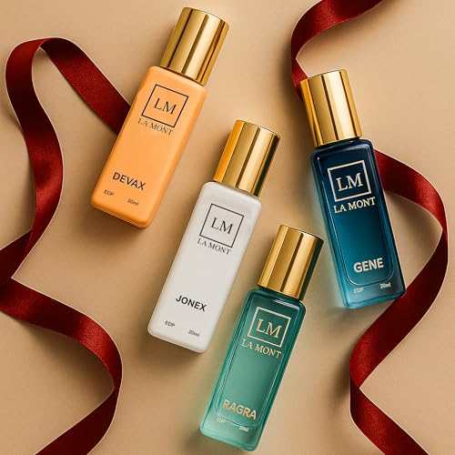 Image of LAMONT Unisex Perfume Gift Set | Pack of 4 (4x20ml) | Long Lasting EDP | GENE, DEVAX, JONEX & RAGRA | Fruity, Woody, Musky | Day & Evening Fragrance for Men & Women
