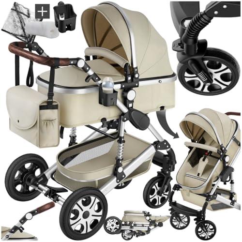 tectake® Cochecito Bebé Combinado 2 en 1, Carrito Bebé Plegable con Capazo Extraíble, Silla de Paseo con Respaldo Ajustable, Arnés de 5 Puntos, Freno de Pie y Capota Plegable, Carro Bebés - gris/beige