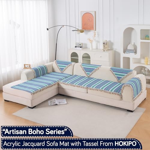 Image of HOKIPO 'Artisan Boho Series' L Shape (3+2 Seater) Sofa Cover Seat Mat | 450 GSM Cotton Acrylic Jacquard Fabric with Tassel, Royal Blue (IN-904+903-A2)