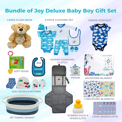 Bundle of Joy Deluxe New Baby Boy Gift Set | Baby Essentials for Expecting Moms & Parents | 25-Piece Newborn Gift Basket Hamper Layette Set for Gender Reveal | Blue - Nikki's Gift Baskets