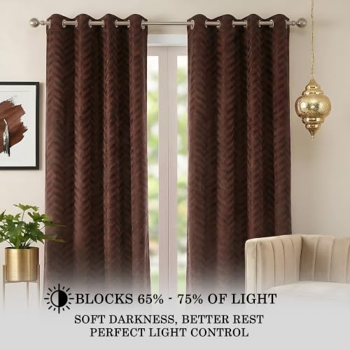 Image of 100% Noise Reducing Curtains 8 Feet 2 Piece, Brown | Embossed Panels Mild Thermal Insulated Light Block Room Darkening Curtains (Brown, 96 Inch)