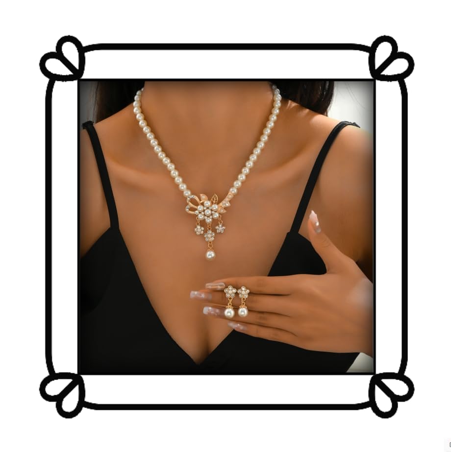 Collier et boucles d'oreilles en perles avec pendentif cristal doré de haute joaillerie