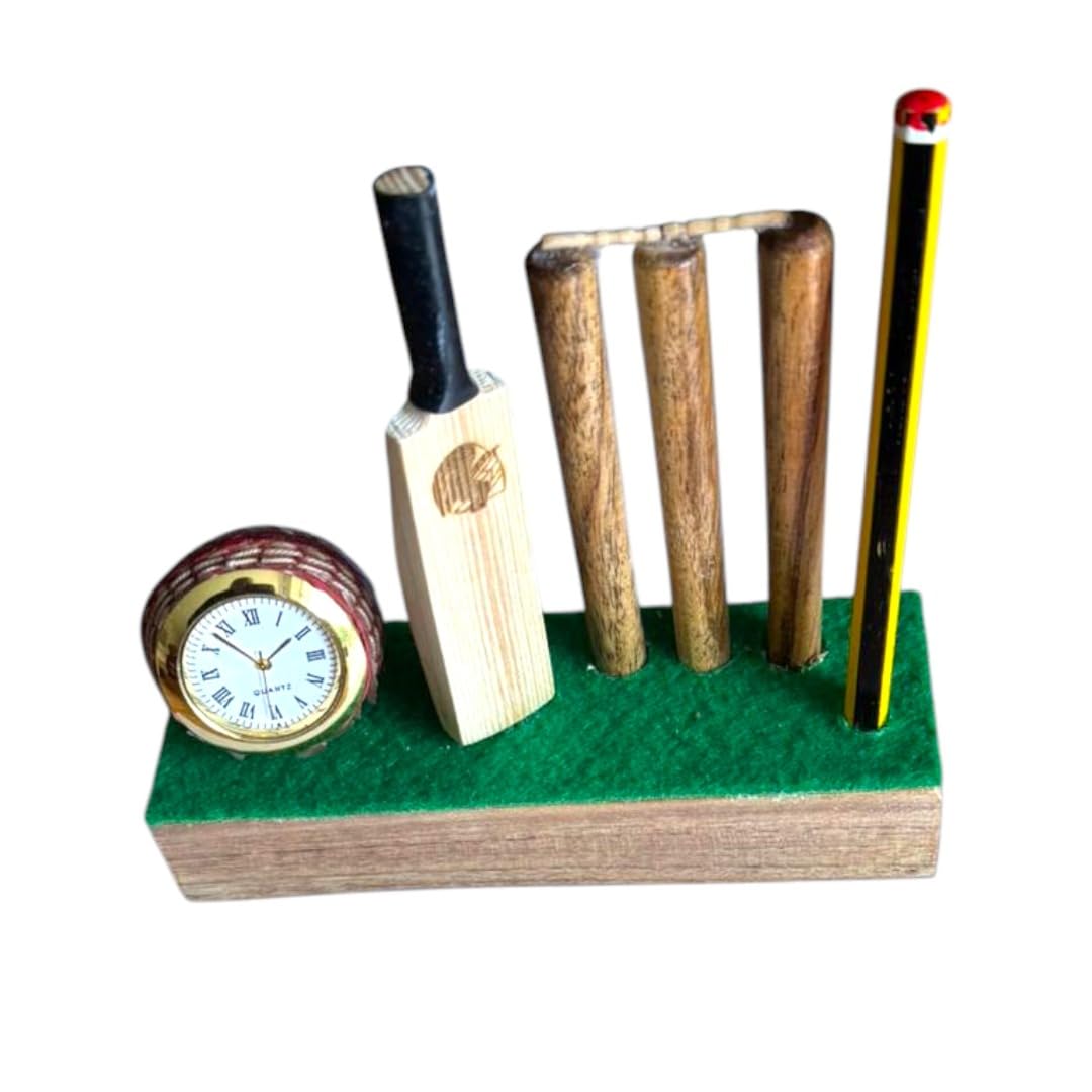 Cricket-Gifts Wood Desktop Clock With Pen Or Pencil Stand