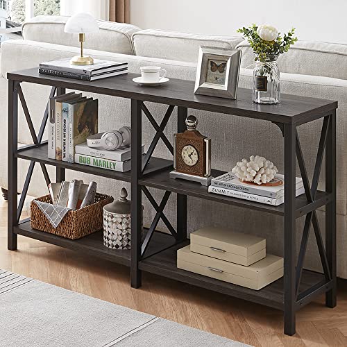 LVB Industrial Console Table, Rustic Wood and Metal Sofa Table, Hallway Entry Table for Home Living Room, Foyer Accent Entryway Table with Storage Shelf, Dark Gray Oak, 55 Inch