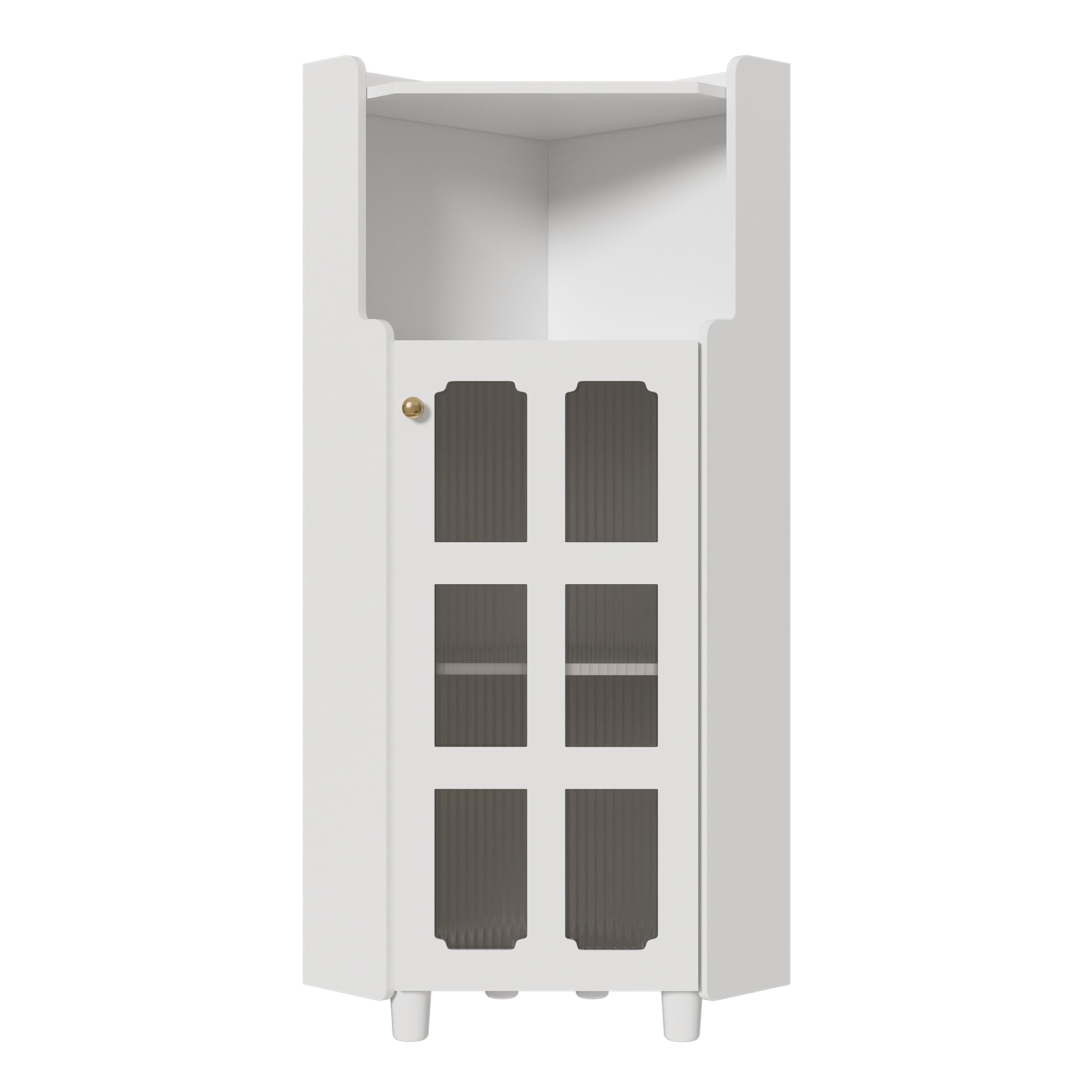 Armario esquinero de 63,5 x 124 cm, con superficie lacada e iluminación LED, moderna esquina con control de aplicación, para salón, estantería, cuarto de baño (blanco)